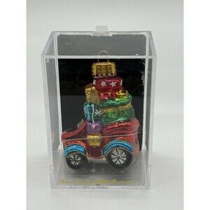 Santa’s Workbench Hand-Blown Glass Ornament Red Vintage Style Car Loaded W Gifts